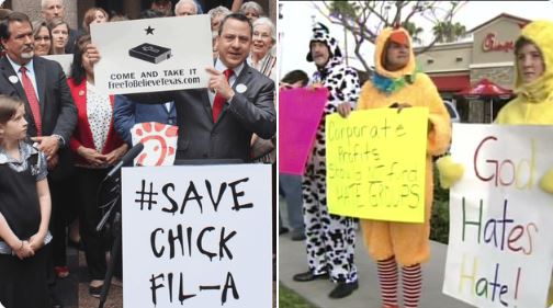 Protesting in front of Chick-Fil-A at Fairfield Town Center at public sidewalk