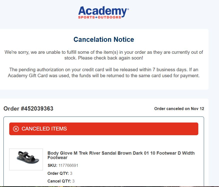 I bought qty three sandals from Academy online few days ago and Academy canceled it now.